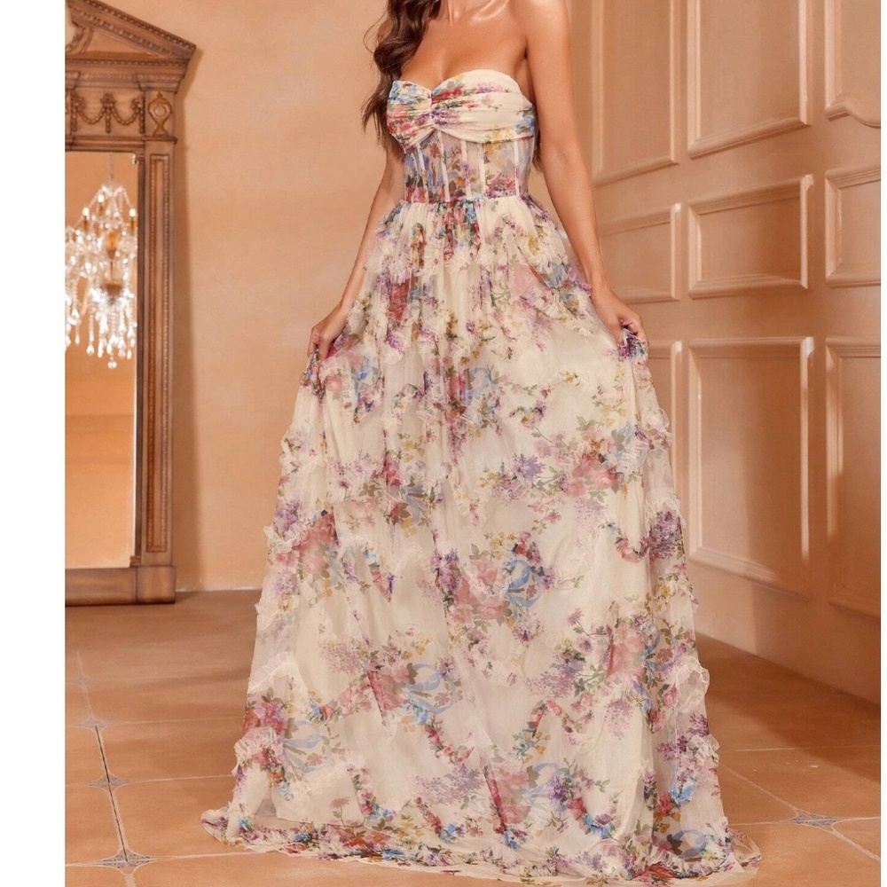 Luxe Cream Floral Print Ruched Corset Party Wedding Formal Dress - Picture 3 of 6